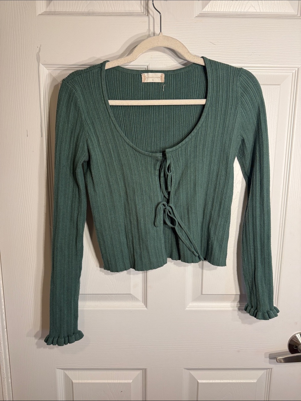 Altar'd State Teal Ribbed Tie-Front Long Sleeve Crop Top